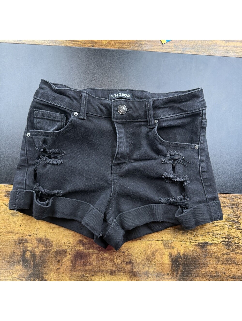 Fashion Nova Women’s Black Distressed Denim Shorts Raw Hem High Rise Size S